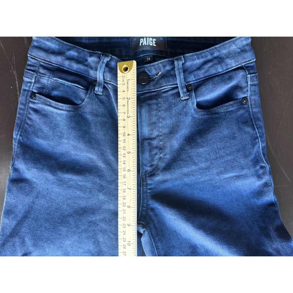 PAIGE Genevieve High Rise Flare Jeans Dark Indigo Raw Hem Size 24 - Picture 3 of 8